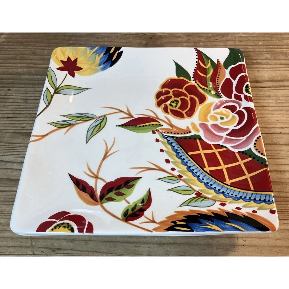 Set Of 2 Vida By Eva Mendes For Espana Rose Print Pattern Square 8.5” Plates